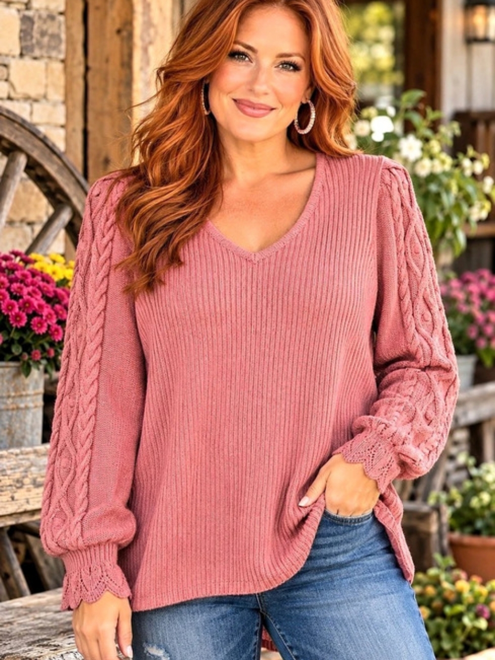 CeCeSweater V-Neck Cable Knit mauve 2X NW